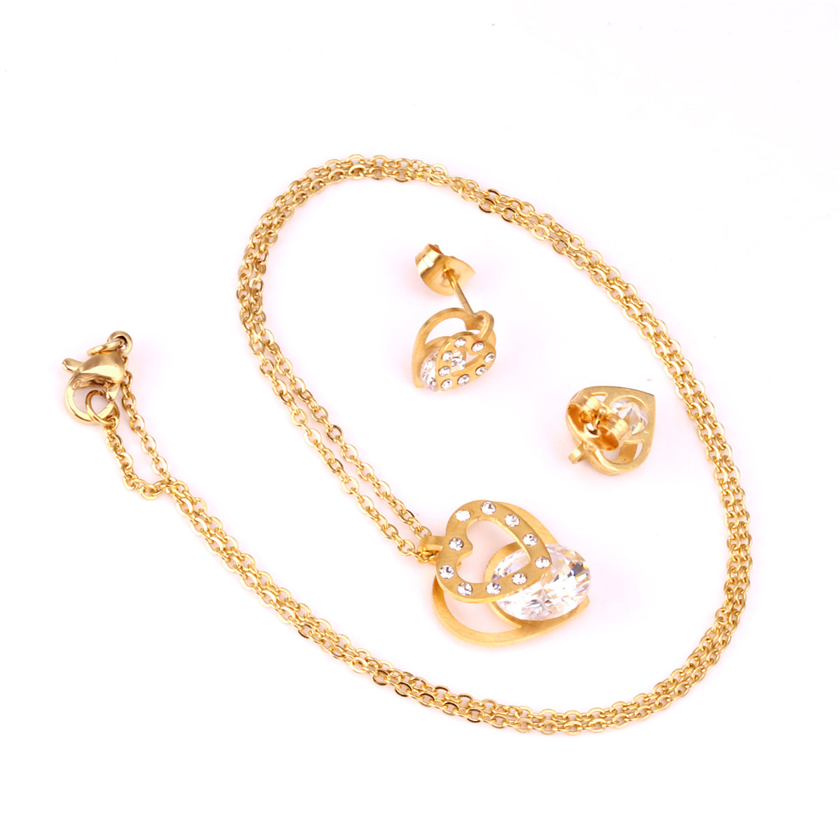 Cubic Zirconia & 18K Gold-Plated Heart Stud Earrings & Pendant Necklace