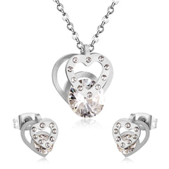 Cubic Zirconia & Silver-Plated Heart Pendant Necklace & Stud Earrings