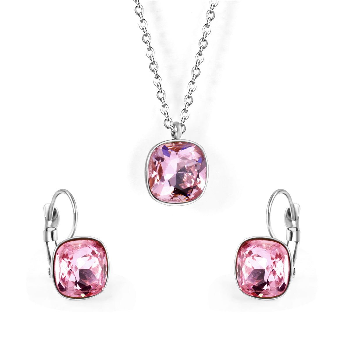 Pink Crystal and Silver-Plated Square Huggie Earring Set, silver huggie earrings, dainty minimalist design, front view