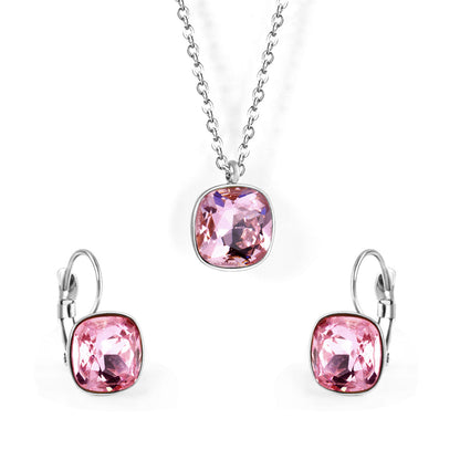 Pink Crystal and Silver-Plated Square Huggie Earring Set, silver huggie earrings, dainty minimalist design, front view
