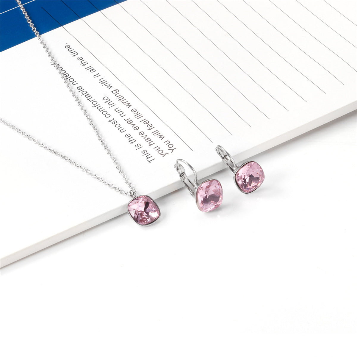 Pink Crystal and Silver-Plated Square Huggie Earring Set, silver huggie earrings, dainty minimalist design, side view