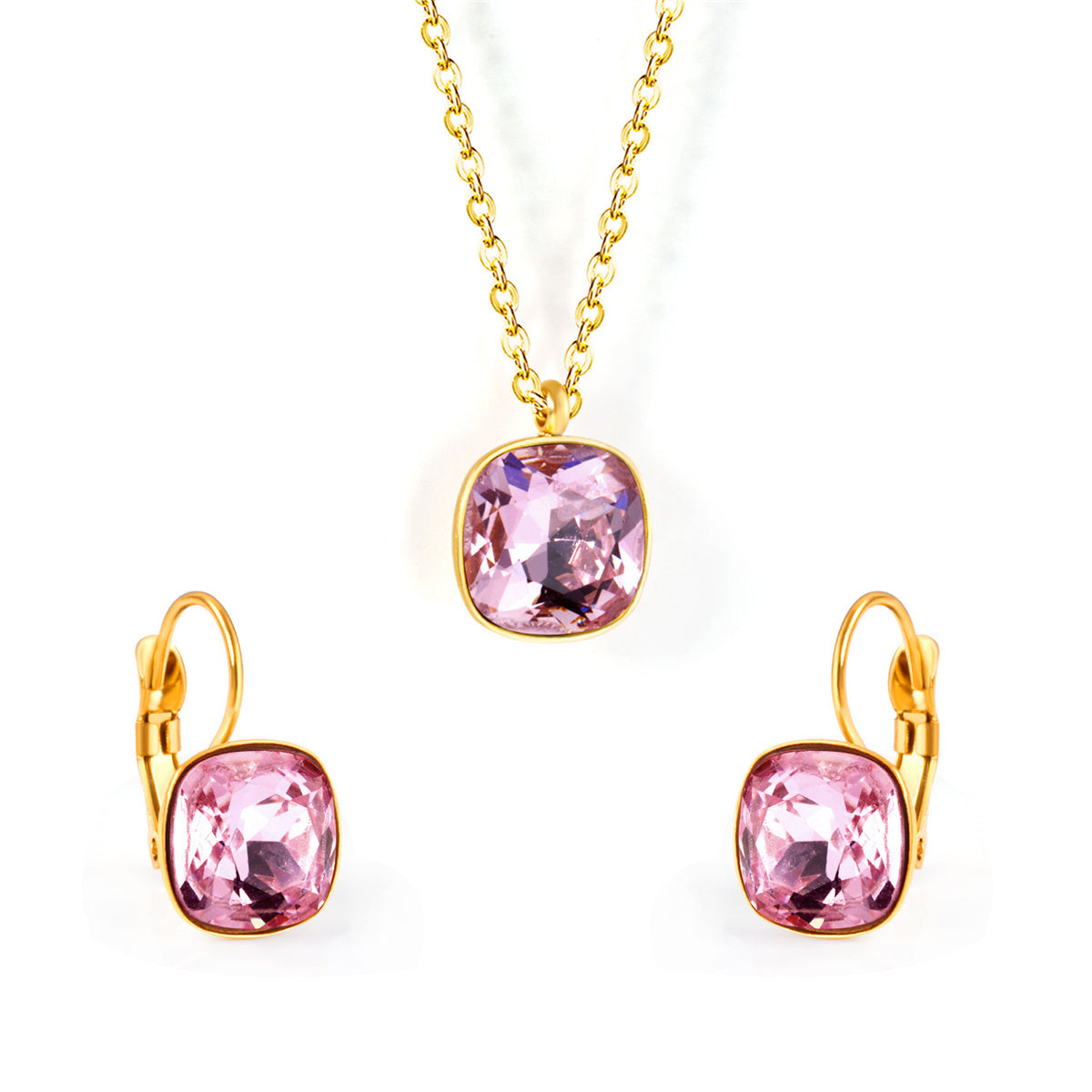 Pink Crystal and 18K Gold-Plated Square Huggie Earring Set, gold huggie earrings, vintage-inspired design, front view