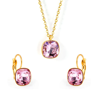 Pink Crystal and 18K Gold-Plated Square Huggie Earring Set, gold huggie earrings, vintage-inspired design, front view
