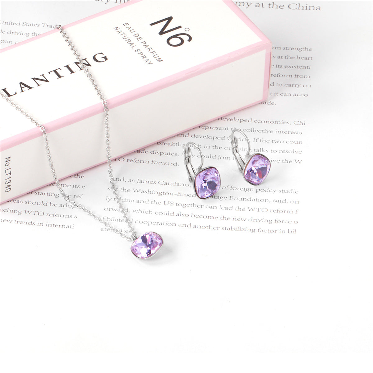 Purple Crystal and Silver-Plated Square Drop Earrings Set, silver drop earrings for women, detail close-up