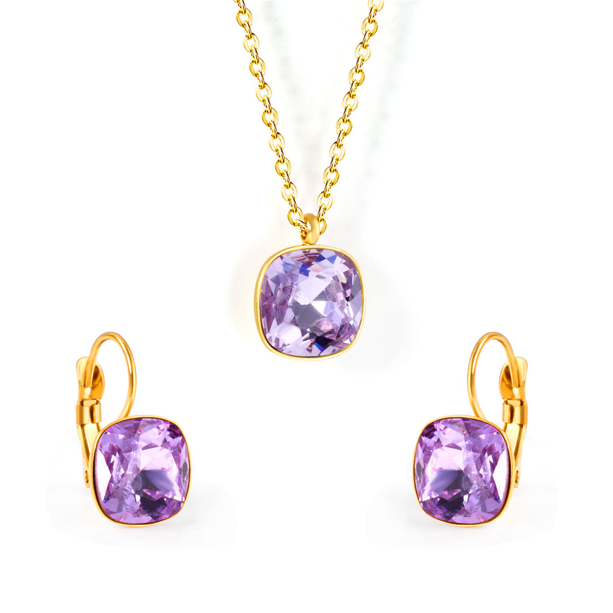 Purple Crystal and 18K Gold-Plated Square Drop Earrings Set, gold drop earrings for women, botanical inspired, front view