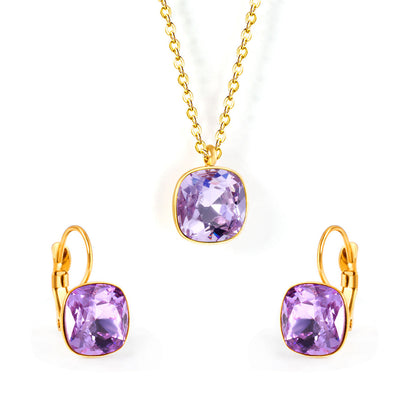 Purple Crystal and 18K Gold-Plated Square Drop Earrings Set, gold drop earrings for women, botanical inspired, front view