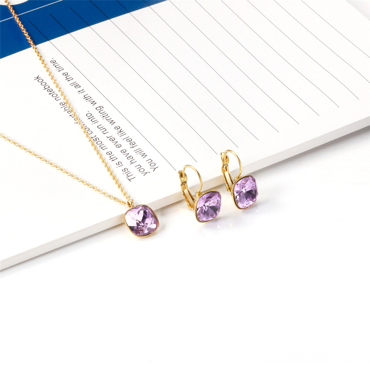 Purple Crystal and 18K Gold-Plated Square Drop Earrings Set, gold drop earrings for women, botanical inspired, side view