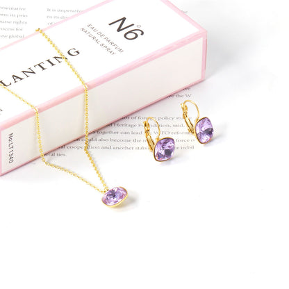 Purple Crystal and 18K Gold-Plated Square Drop Earrings Set, gold drop earrings for women, detail close-up
