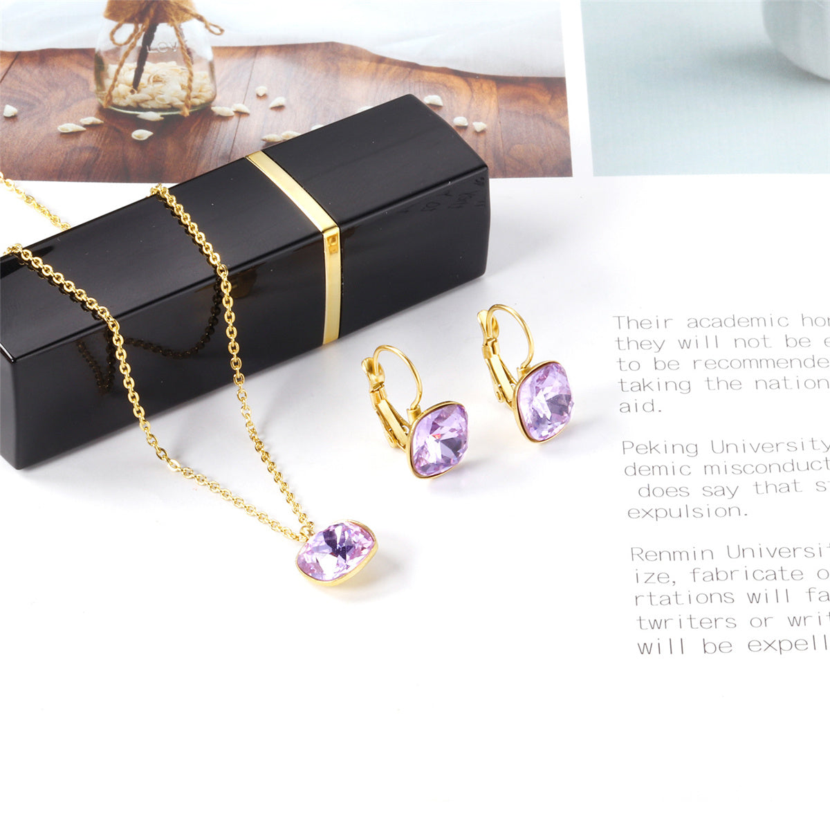 Purple Crystal and 18K Gold-Plated Square Drop Earrings Set, gold drop earrings for women, botanical inspired, lifestyle look