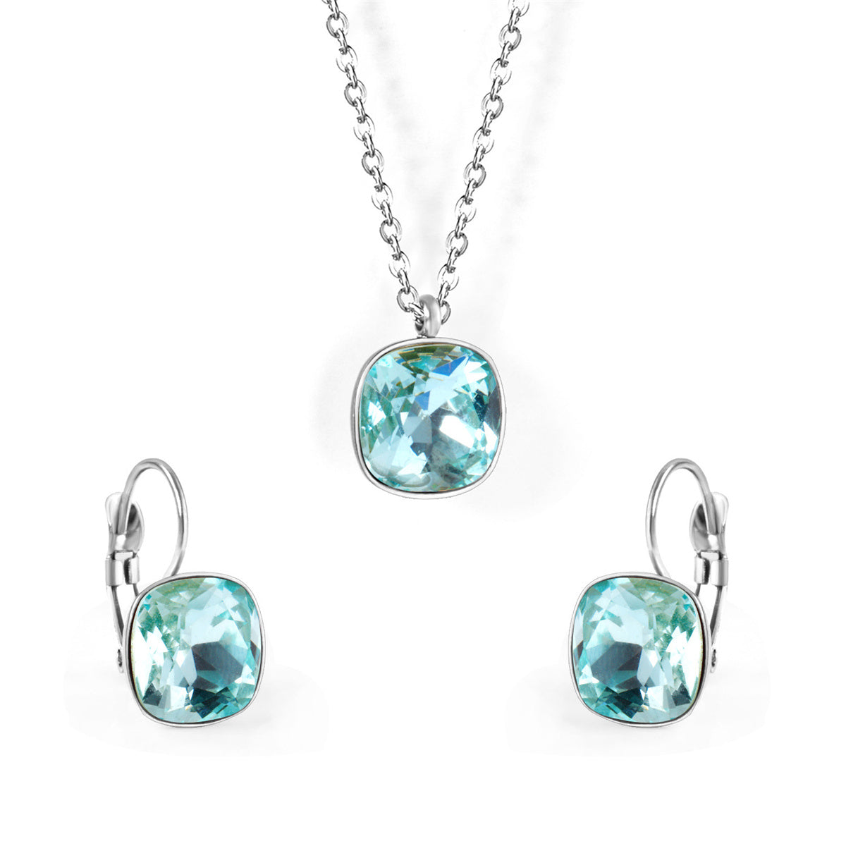 Lake Blue Crystal and Silver-Plated Square Huggie Earring Set, silver huggie earrings, vintage-inspired design, front view