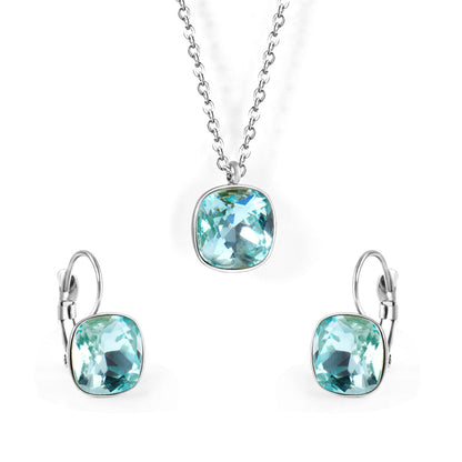 Lake Blue Crystal and Silver-Plated Square Huggie Earring Set, silver huggie earrings, vintage-inspired design, front view