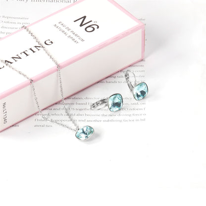 Lake Blue Crystal and Silver-Plated Square Huggie Earring Set, silver huggie earrings, detail close-up