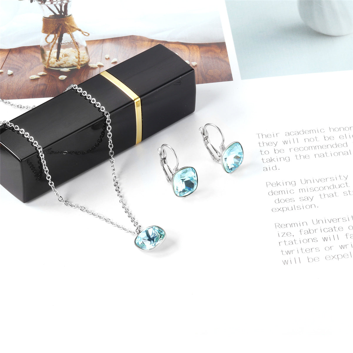 Lake Blue Crystal and Silver-Plated Square Huggie Earring Set, silver huggie earrings, lifestyle look