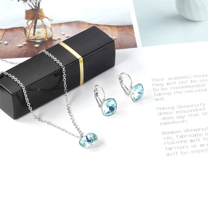 Lake Blue Crystal and Silver-Plated Square Huggie Earring Set, silver huggie earrings, lifestyle look