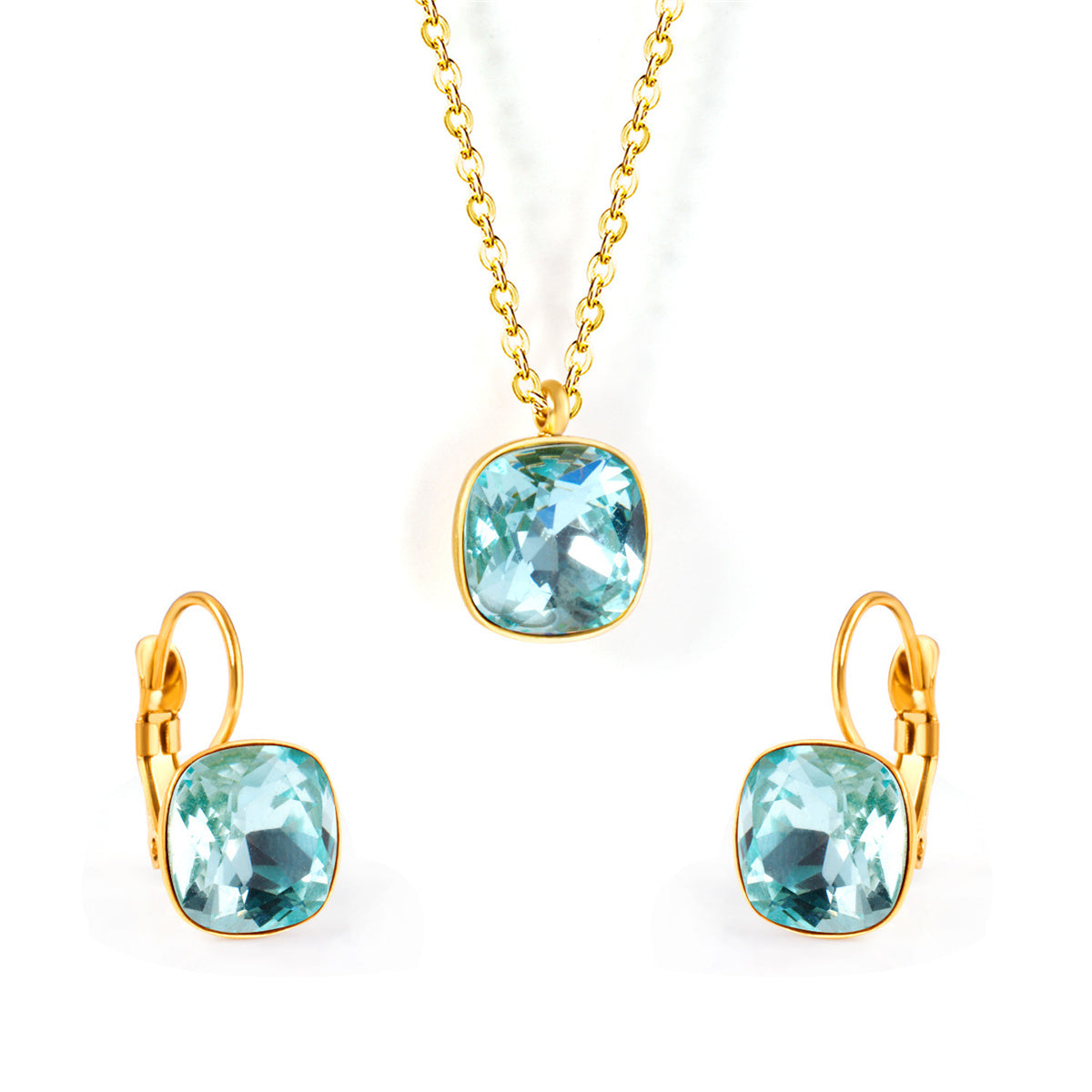 Lake Blue Crystal and 18K Gold-Plated Square Huggie Earring Set, gold huggie earrings, elegant gift for her, front view