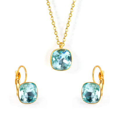 Lake Blue Crystal and 18K Gold-Plated Square Huggie Earring Set, gold huggie earrings, elegant gift for her, front view