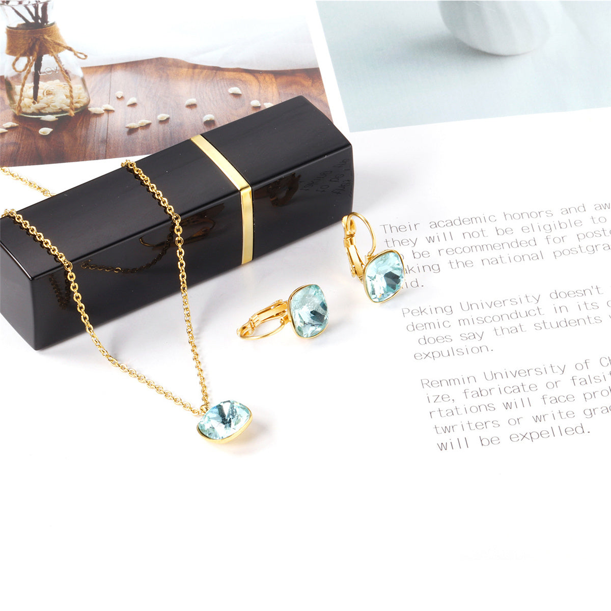 Lake Blue Crystal and 18K Gold-Plated Square Huggie Earring Set, gold huggie earrings, elegant gift for her, detail close-up