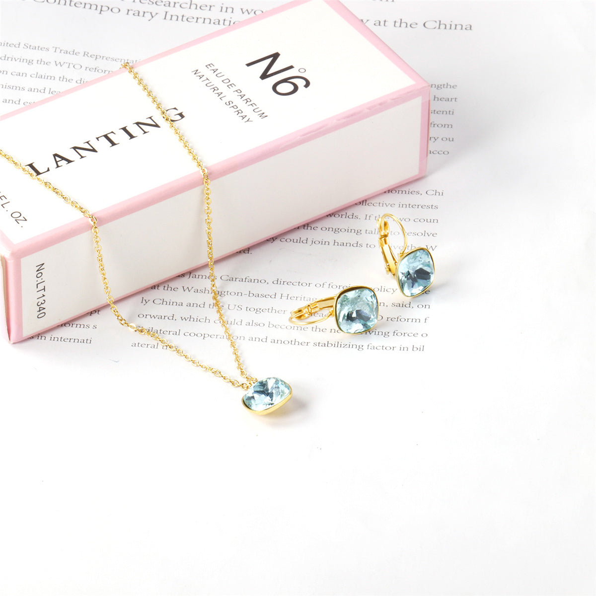 Lake Blue Crystal and 18K Gold-Plated Square Huggie Earring Set, gold huggie earrings, elegant gift for her, lifestyle look