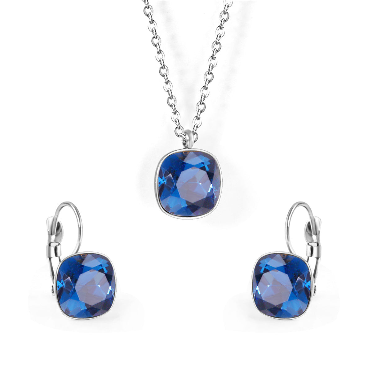 Dark Blue Crystal and Silver-Plated Square Huggie Earring Set, silver huggie earrings, dainty minimalist design, front view