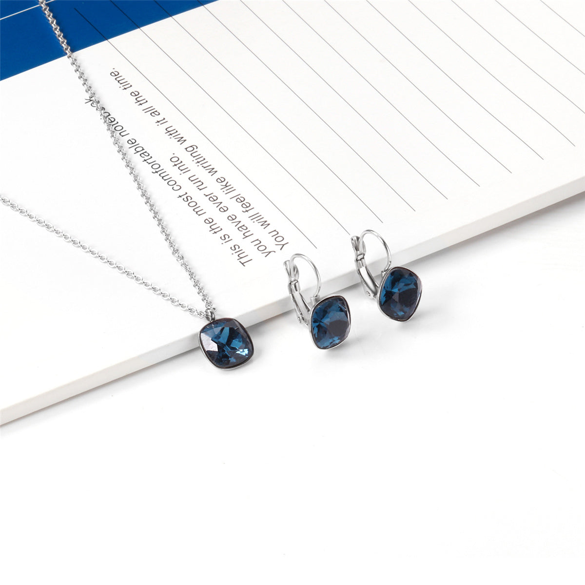 Dark Blue Crystal and Silver-Plated Square Huggie Earring Set, silver huggie earrings, dainty minimalist design, side view
