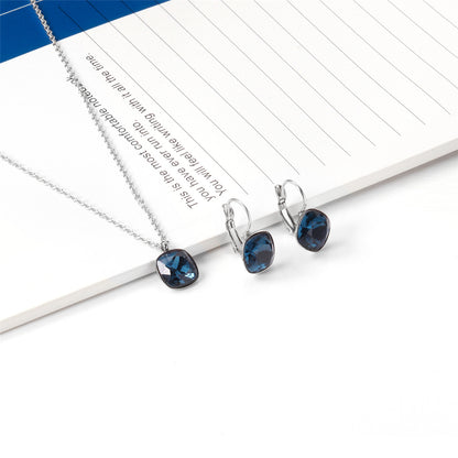 Dark Blue Crystal and Silver-Plated Square Huggie Earring Set, silver huggie earrings, dainty minimalist design, side view