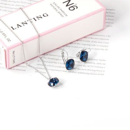 Dark Blue Crystal and Silver-Plated Square Huggie Earring Set, silver huggie earrings, detail close-up