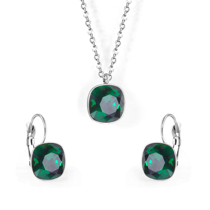 Emerald Crystal and Silver-Plated Square Huggie Earring Set, silver huggie earrings, dainty minimalist design, front view