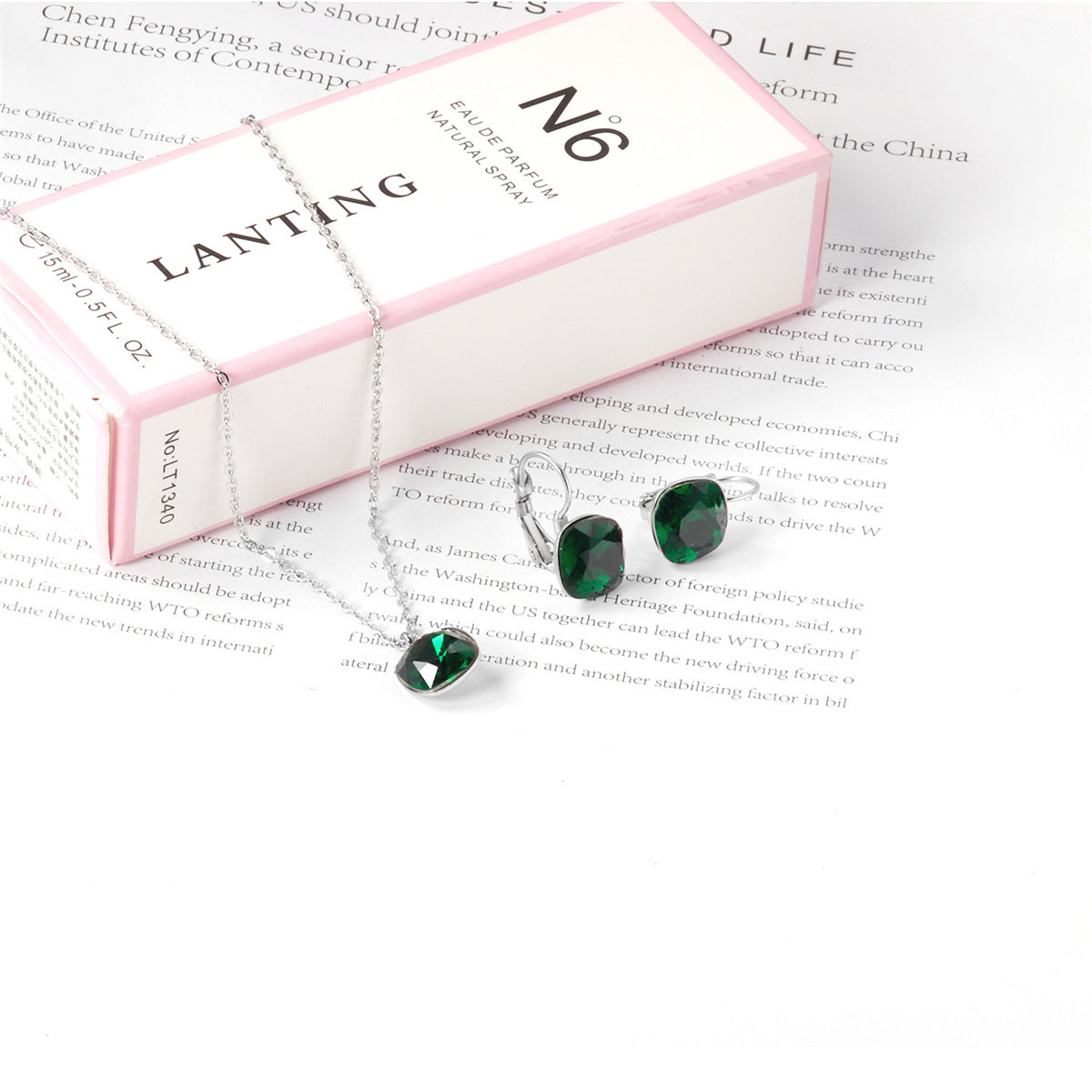 Emerald Crystal and Silver-Plated Square Huggie Earring Set, silver huggie earrings, detail close-up
