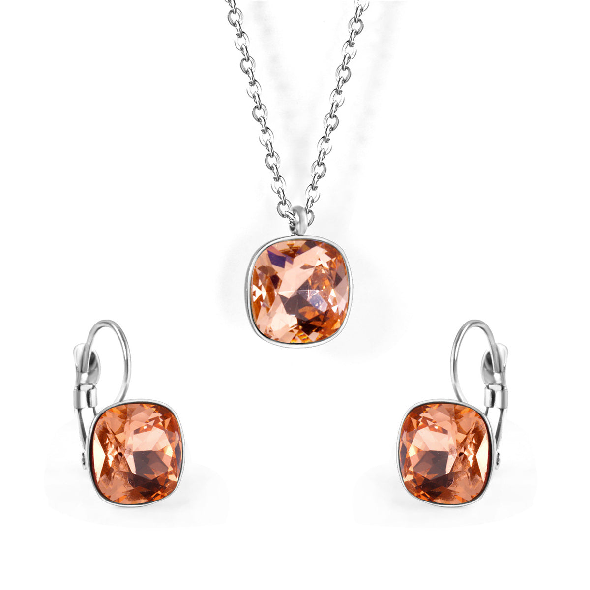 Champagne Crystal and Silver-Plated Square Huggie Earring Set, silver huggie earrings, botanical inspired, front view