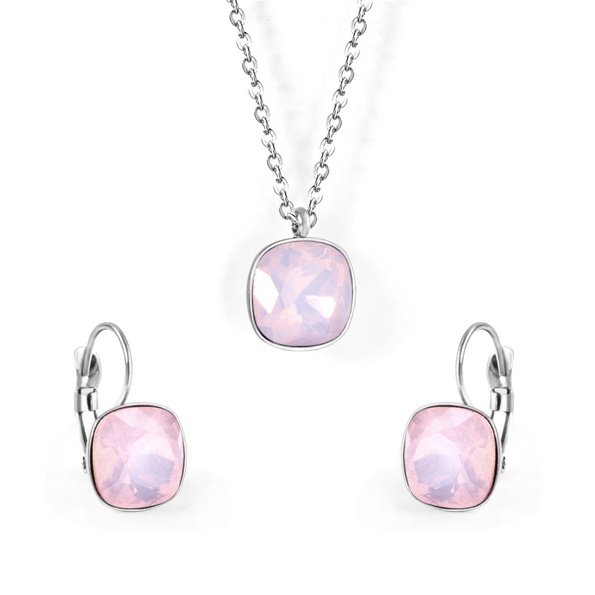 Light Pink Crystal and Silver-Plated Square Huggie Earring Set, silver huggie earrings, dainty minimalist design, front view