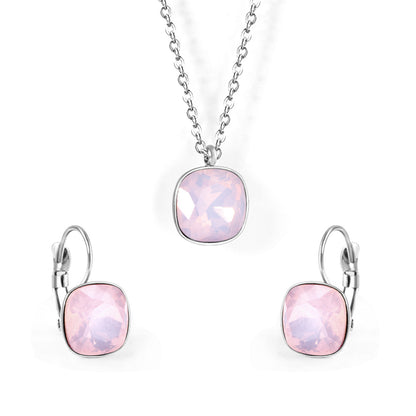 Light Pink Crystal and Silver-Plated Square Huggie Earring Set, silver huggie earrings, dainty minimalist design, front view