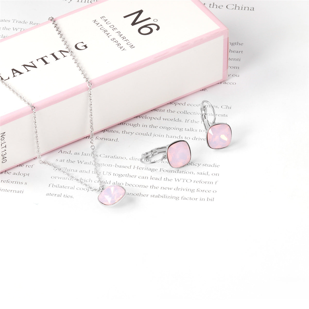 Light Pink Crystal and Silver-Plated Square Huggie Earring Set, silver huggie earrings, detail close-up