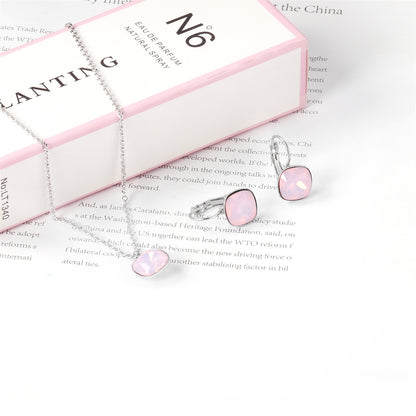 Light Pink Crystal and Silver-Plated Square Huggie Earring Set, silver huggie earrings, detail close-up