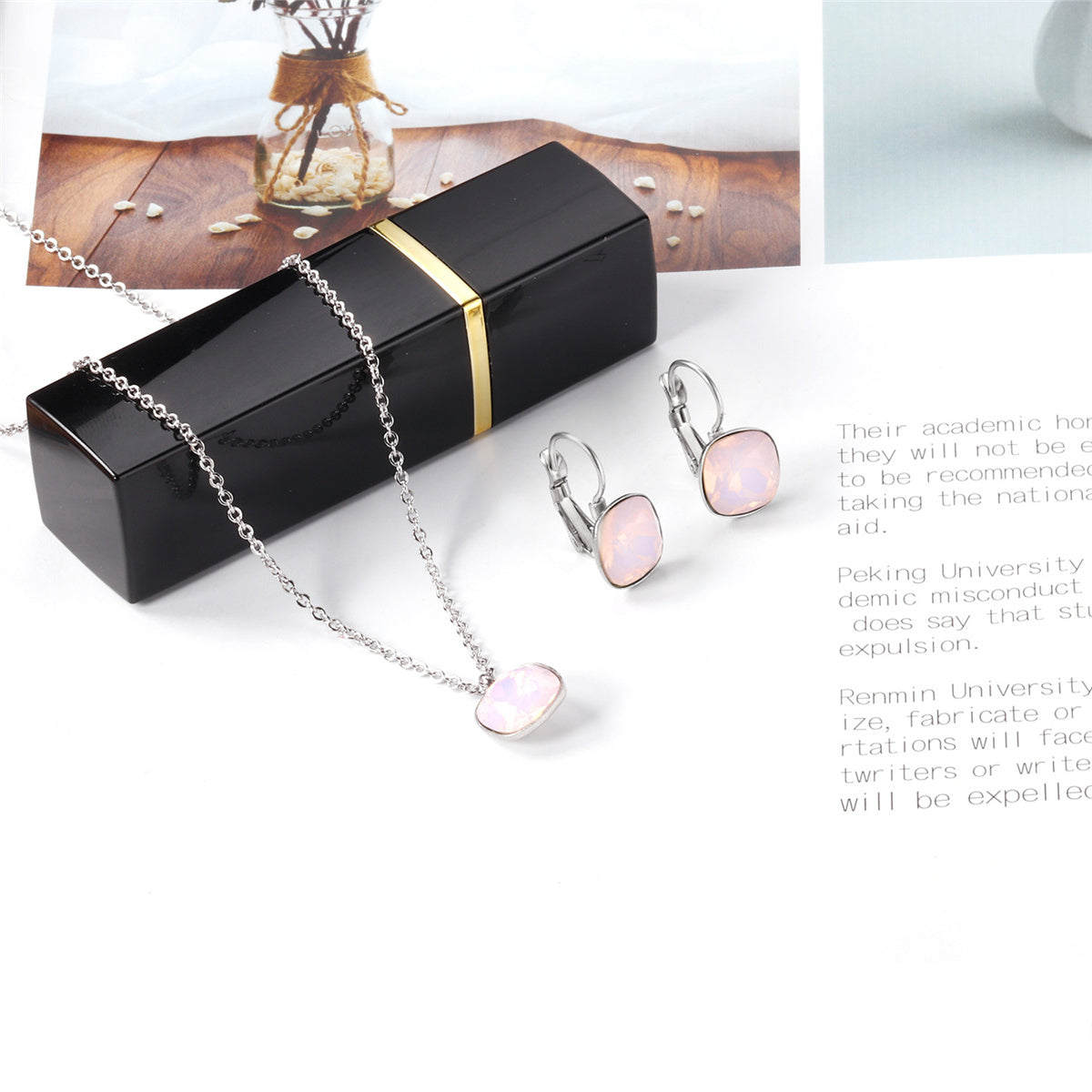 Light Pink Crystal and Silver-Plated Square Huggie Earring Set, silver huggie earrings, lifestyle look