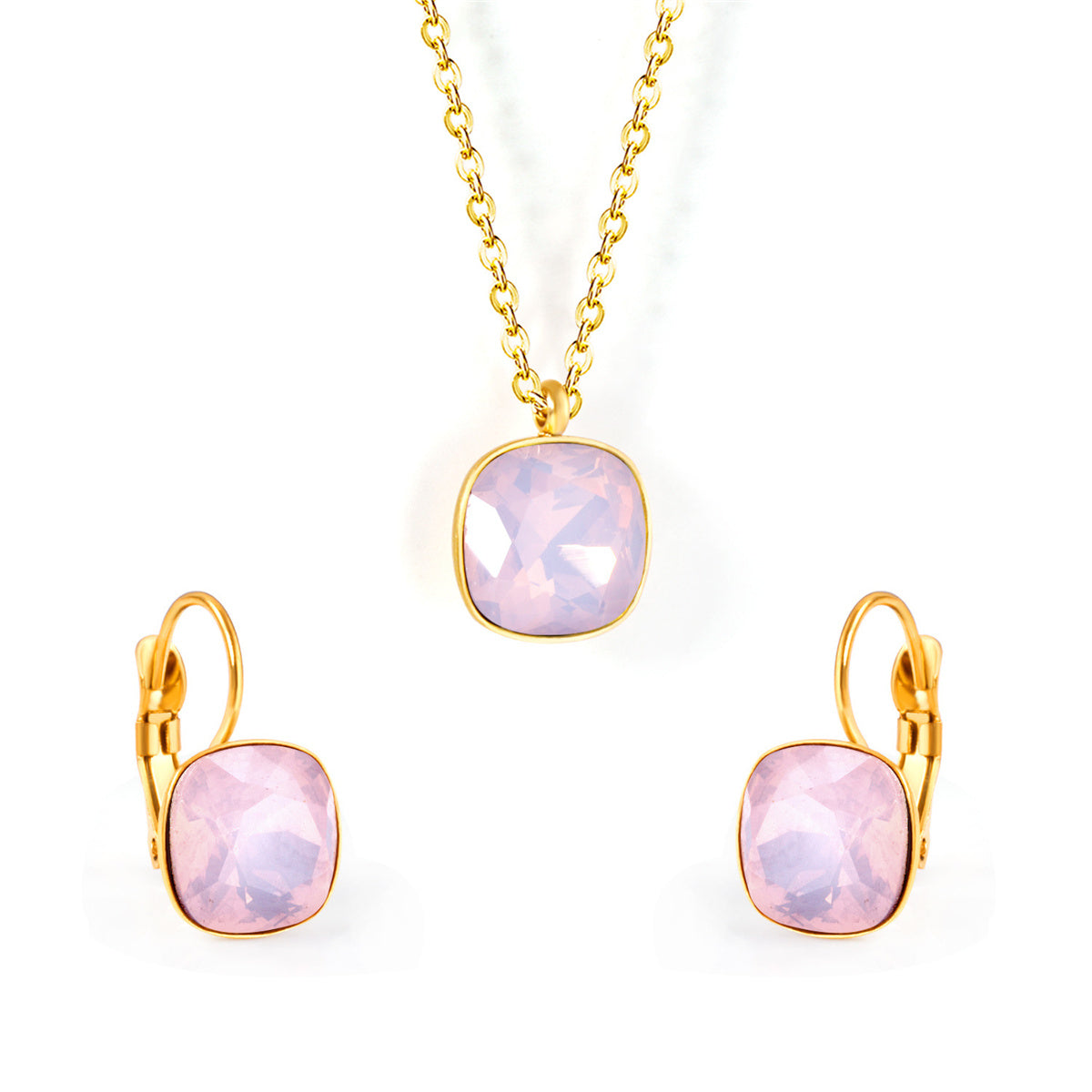 Light Pink Crystal and 18K Gold-Plated Square Huggie Earring Set, gold huggie earrings, dainty minimalist design, front view