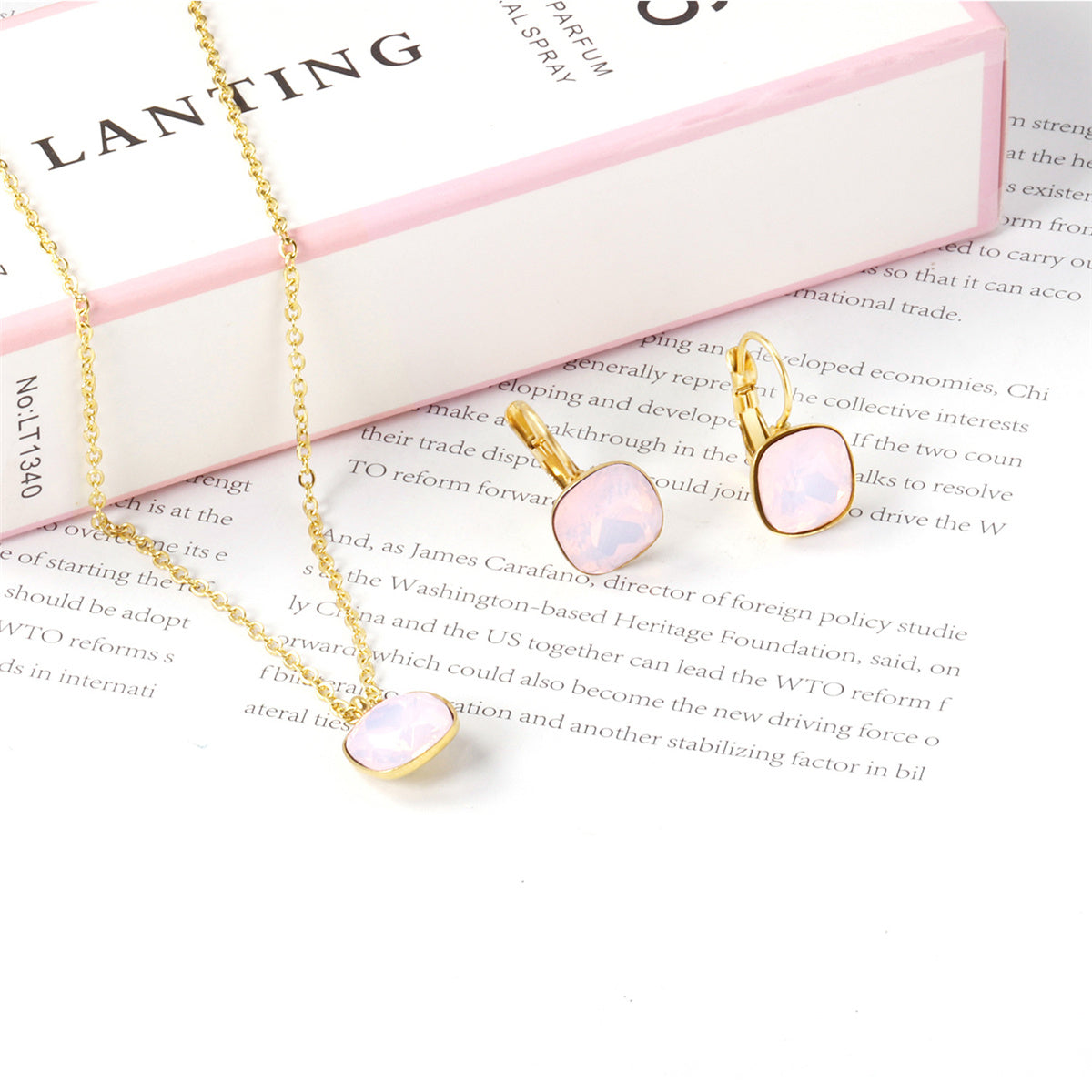 Light Pink Crystal and 18K Gold-Plated Square Huggie Earring Set, gold huggie earrings, detail close-up