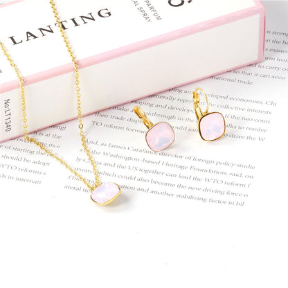 Light Pink Crystal and 18K Gold-Plated Square Huggie Earring Set, gold huggie earrings, detail close-up