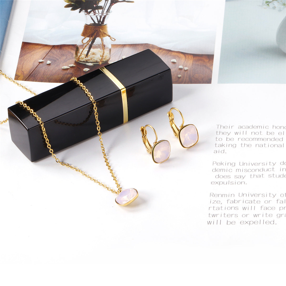 Light Pink Crystal and 18K Gold-Plated Square Huggie Earring Set, gold huggie earrings, lifestyle look