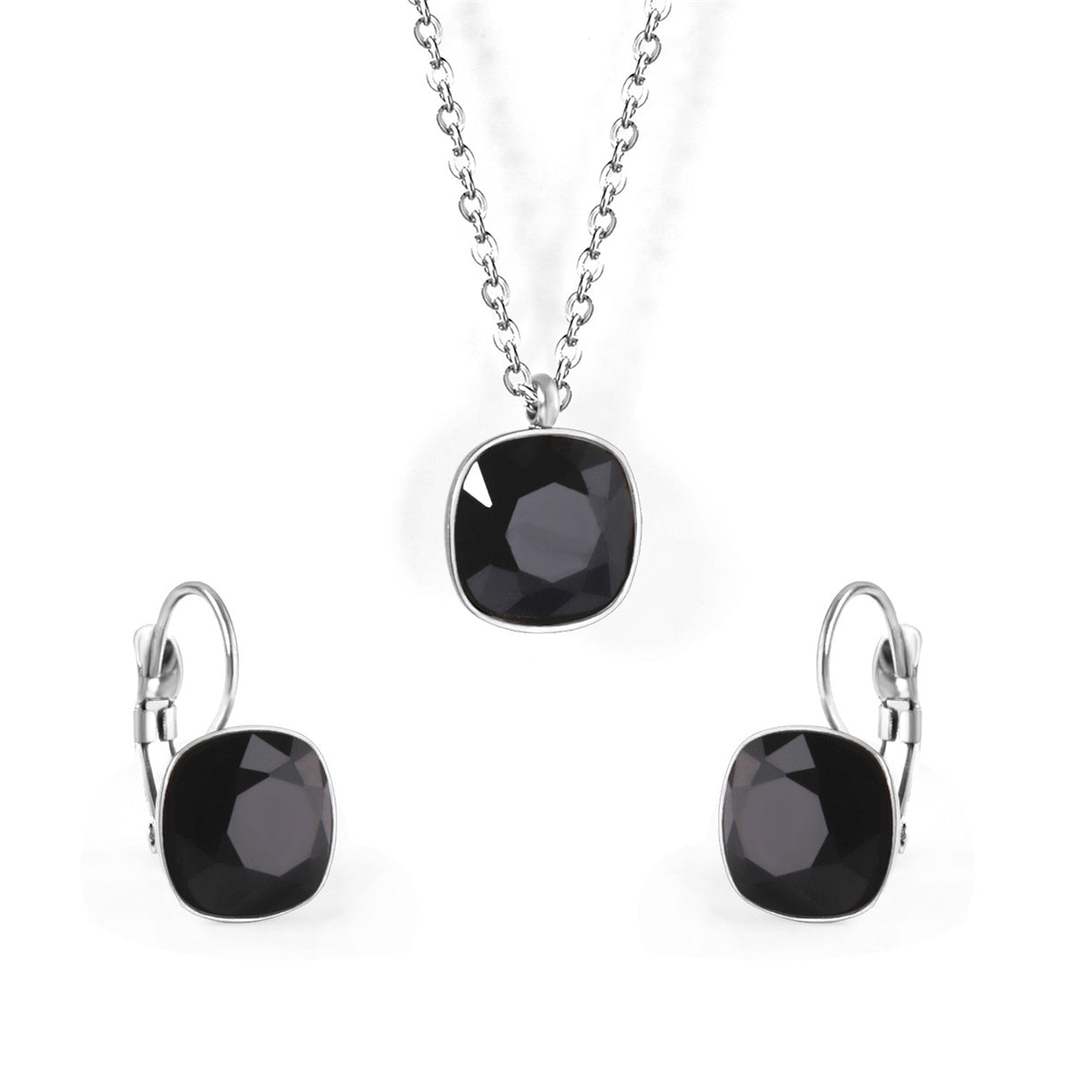 Black Crystal and Silver-Plated Square Pendant Necklace and Huggie Earrings, silver huggie earrings, front view
