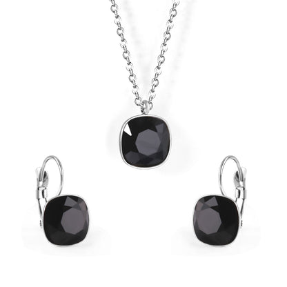 Black Crystal and Silver-Plated Square Pendant Necklace and Huggie Earrings, silver huggie earrings, front view