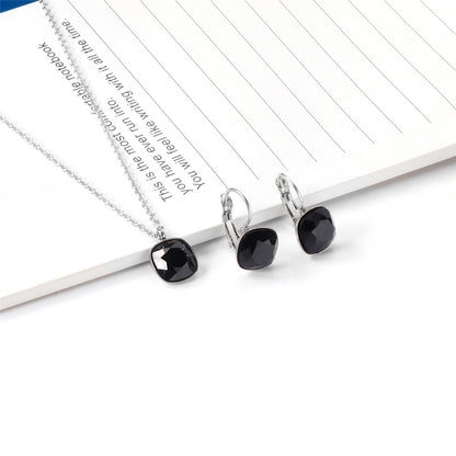 Black Crystal and Silver-Plated Square Pendant Necklace and Huggie Earrings, silver huggie earrings, detail close-up