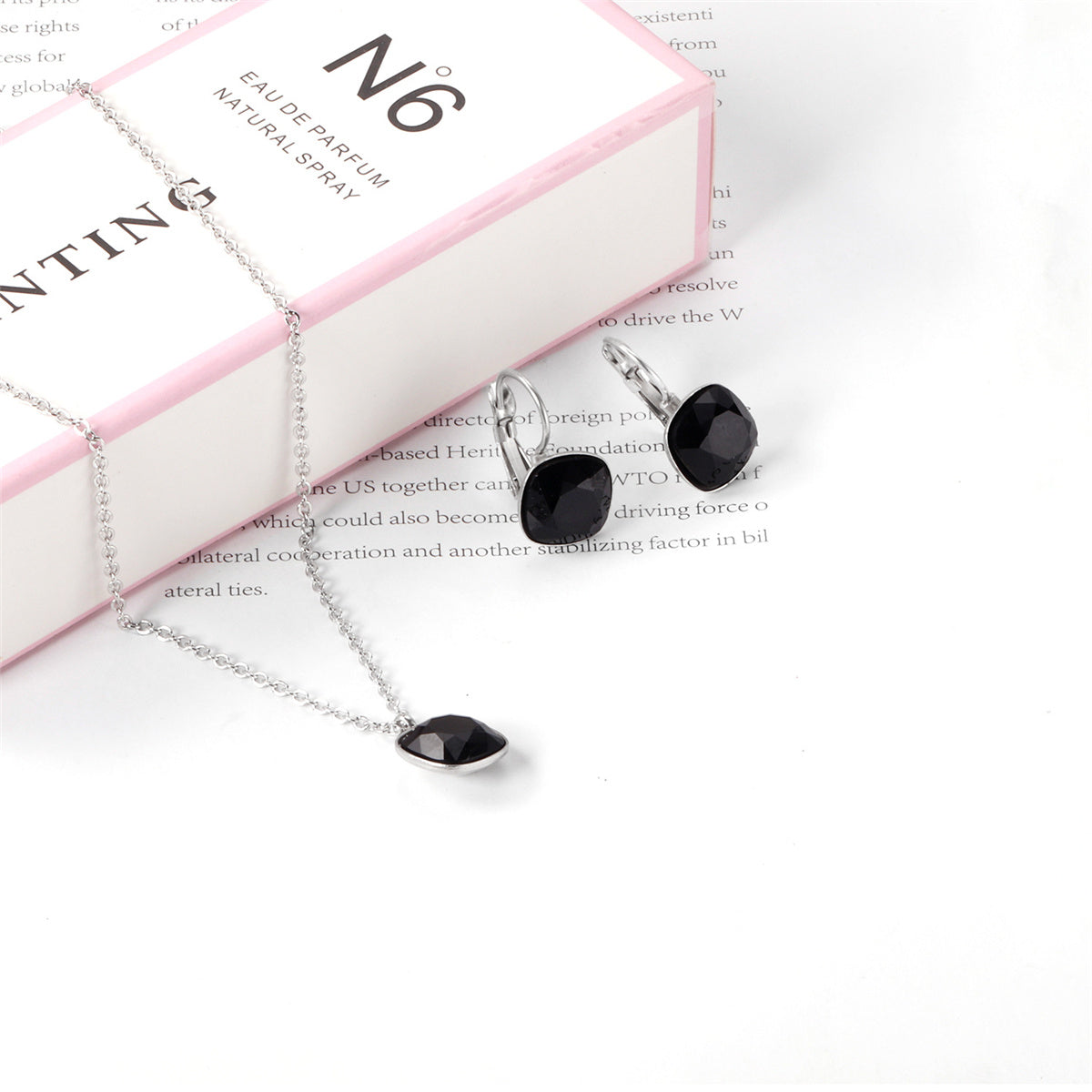 Black Crystal and Silver-Plated Square Pendant Necklace and Huggie Earrings, silver huggie earrings, lifestyle look