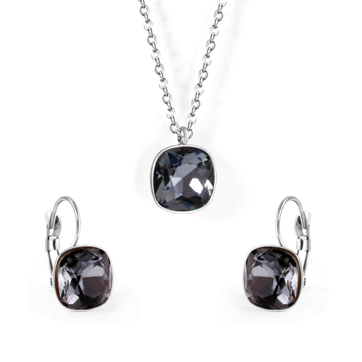 Gray Crystal and Silver-Plated Square Leverback Earrings and Pendant Necklace, silver drop earrings for women, front view