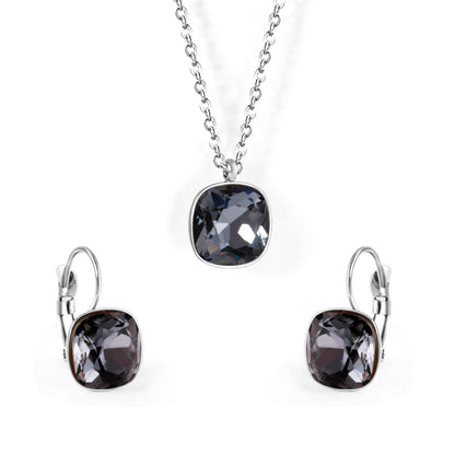 Gray Crystal and Silver-Plated Square Leverback Earrings and Pendant Necklace, silver drop earrings for women, front view
