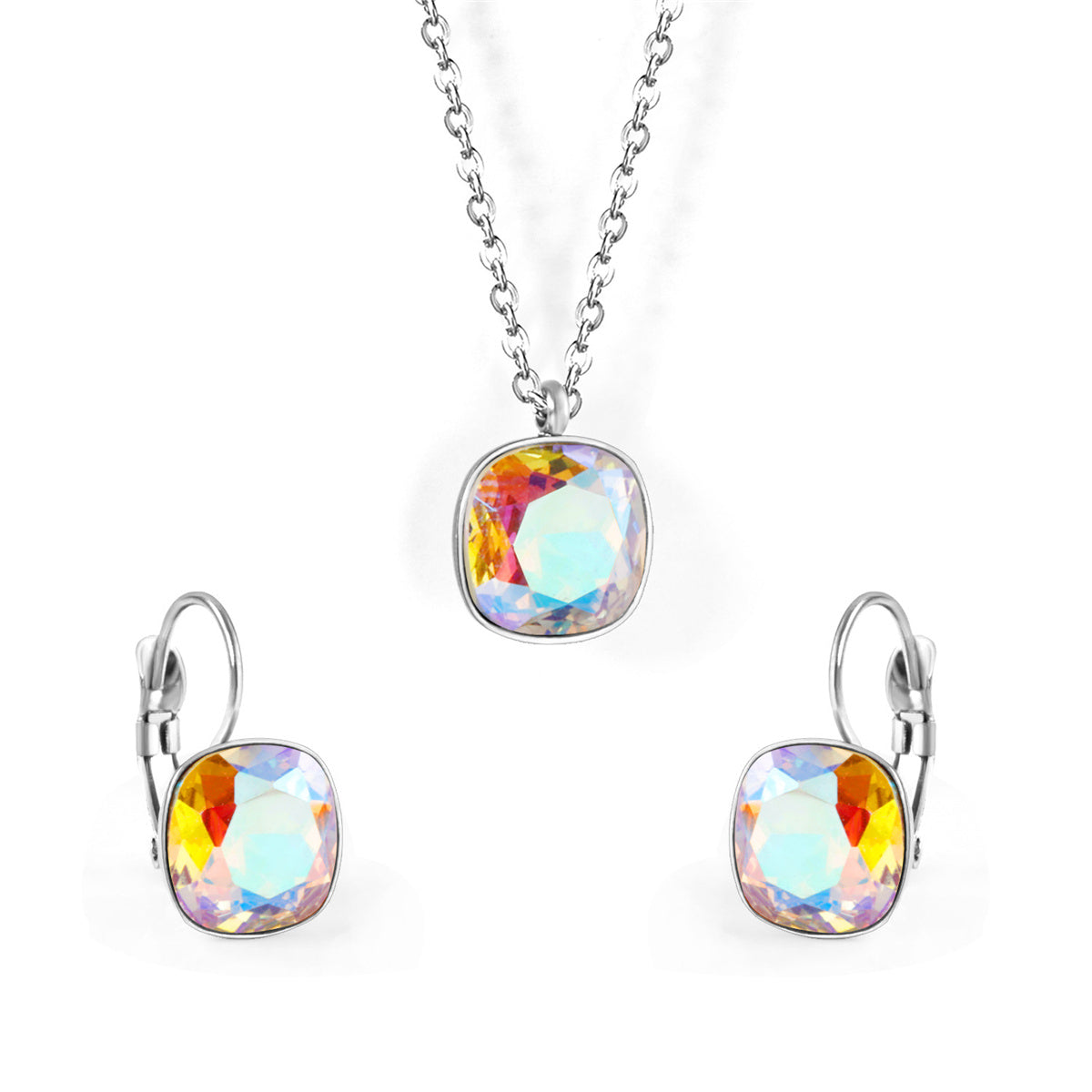 Colored Crystal and Silver-Plated Square Huggie Earring Set, silver huggie earrings, everyday style, front view