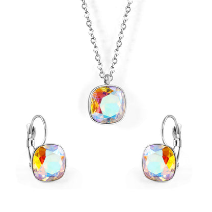 Colored Crystal and Silver-Plated Square Huggie Earring Set, silver huggie earrings, everyday style, front view