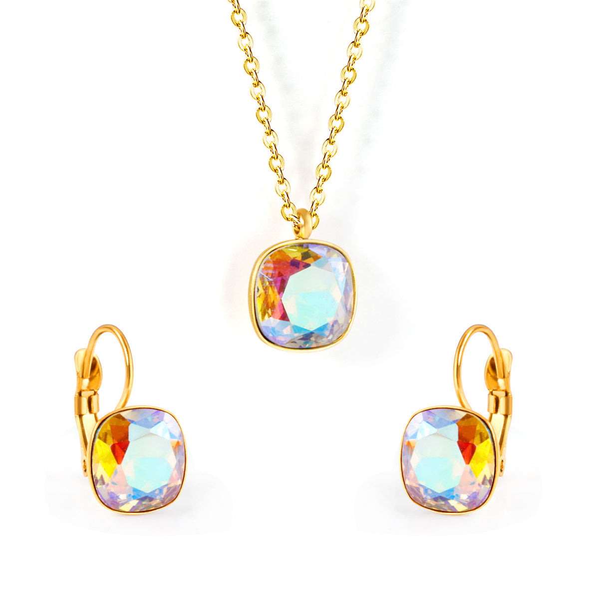 Colored Crystal and 18K Gold-Plated Square Huggie Earring Set, gold huggie earrings, vintage-inspired design, front view