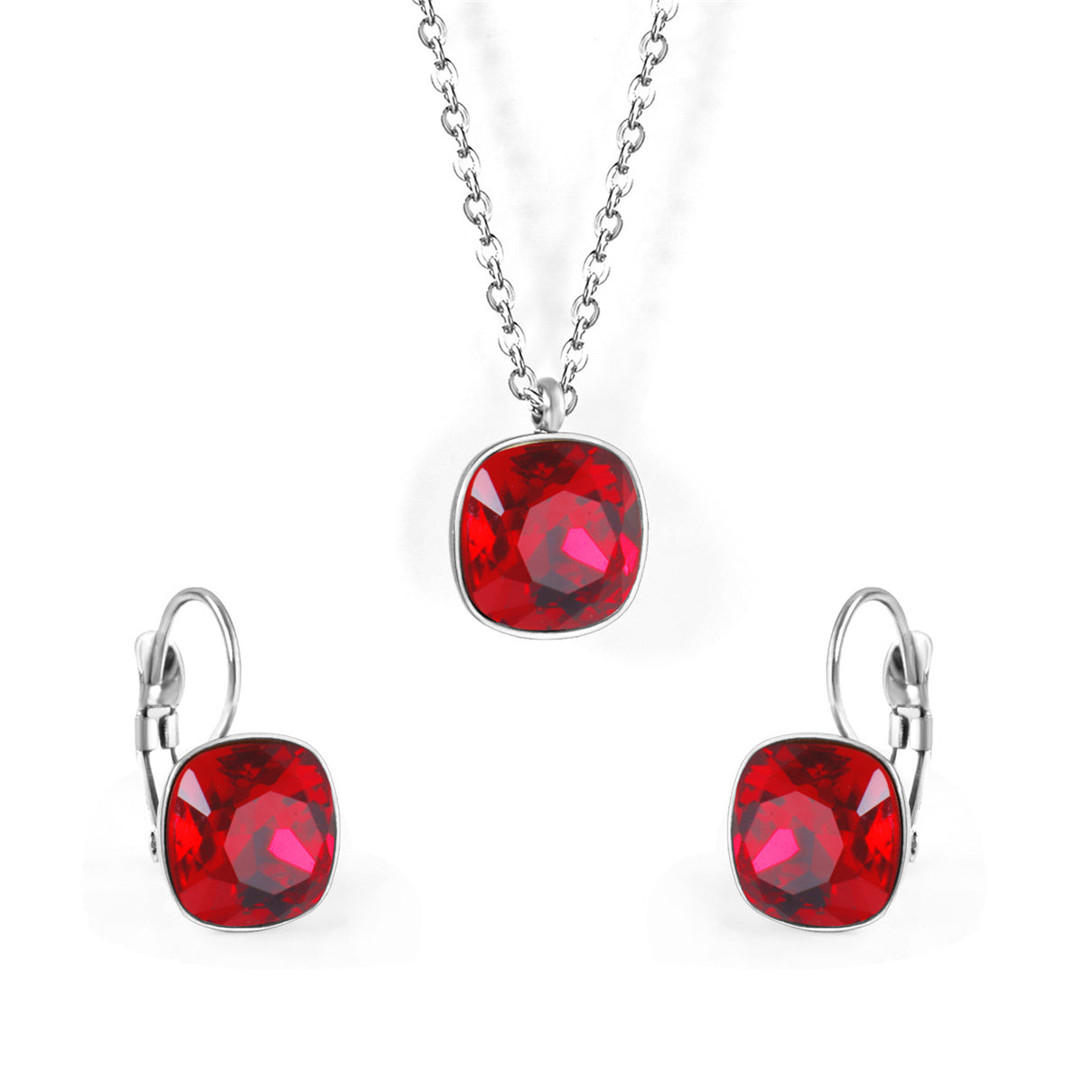 Red Crystal and Silver-Plated Square Leverback Earrings and Pendant Necklace, silver drop earrings for women, front view