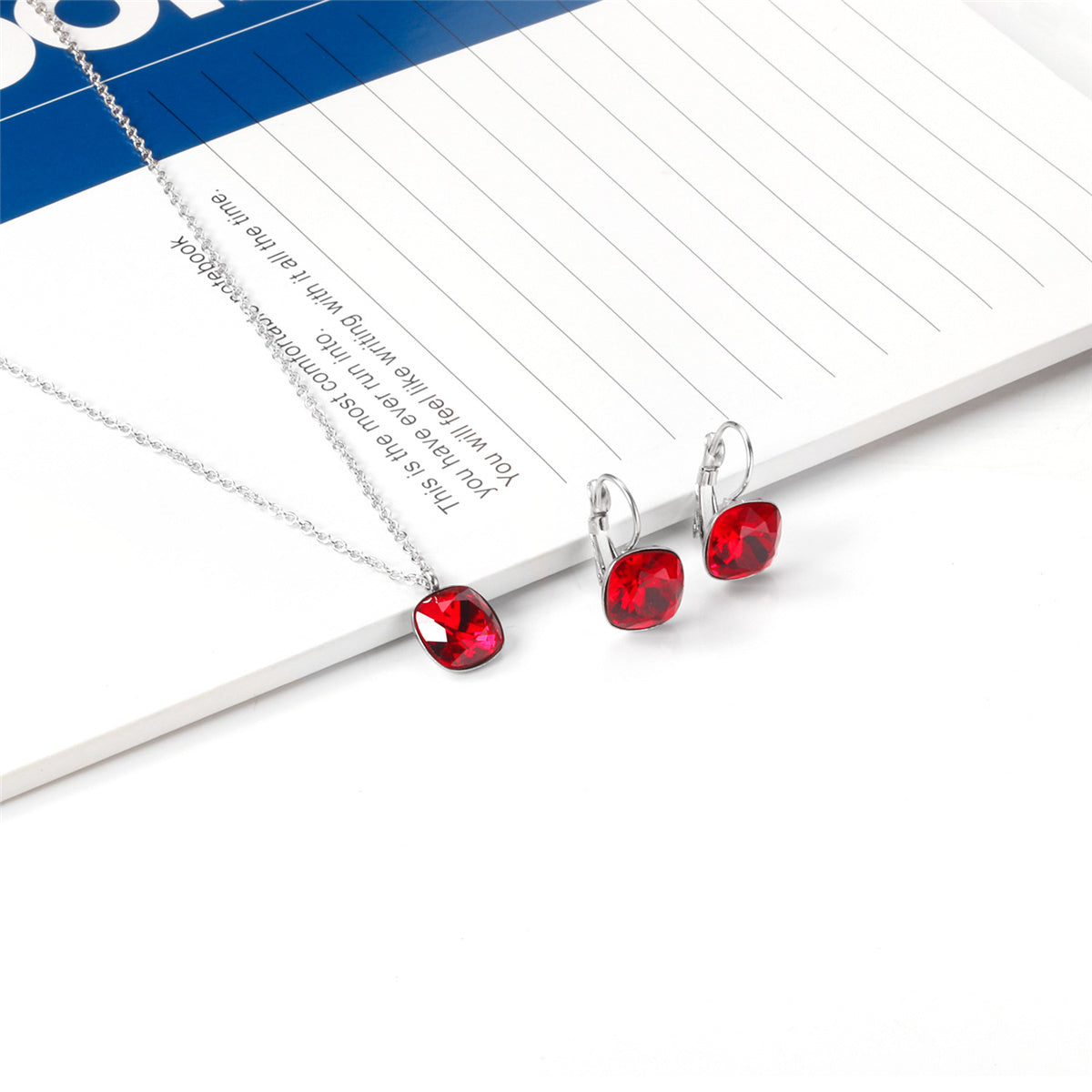 Red Crystal and Silver-Plated Square Leverback Earrings and Pendant Necklace, silver drop earrings for women, side view