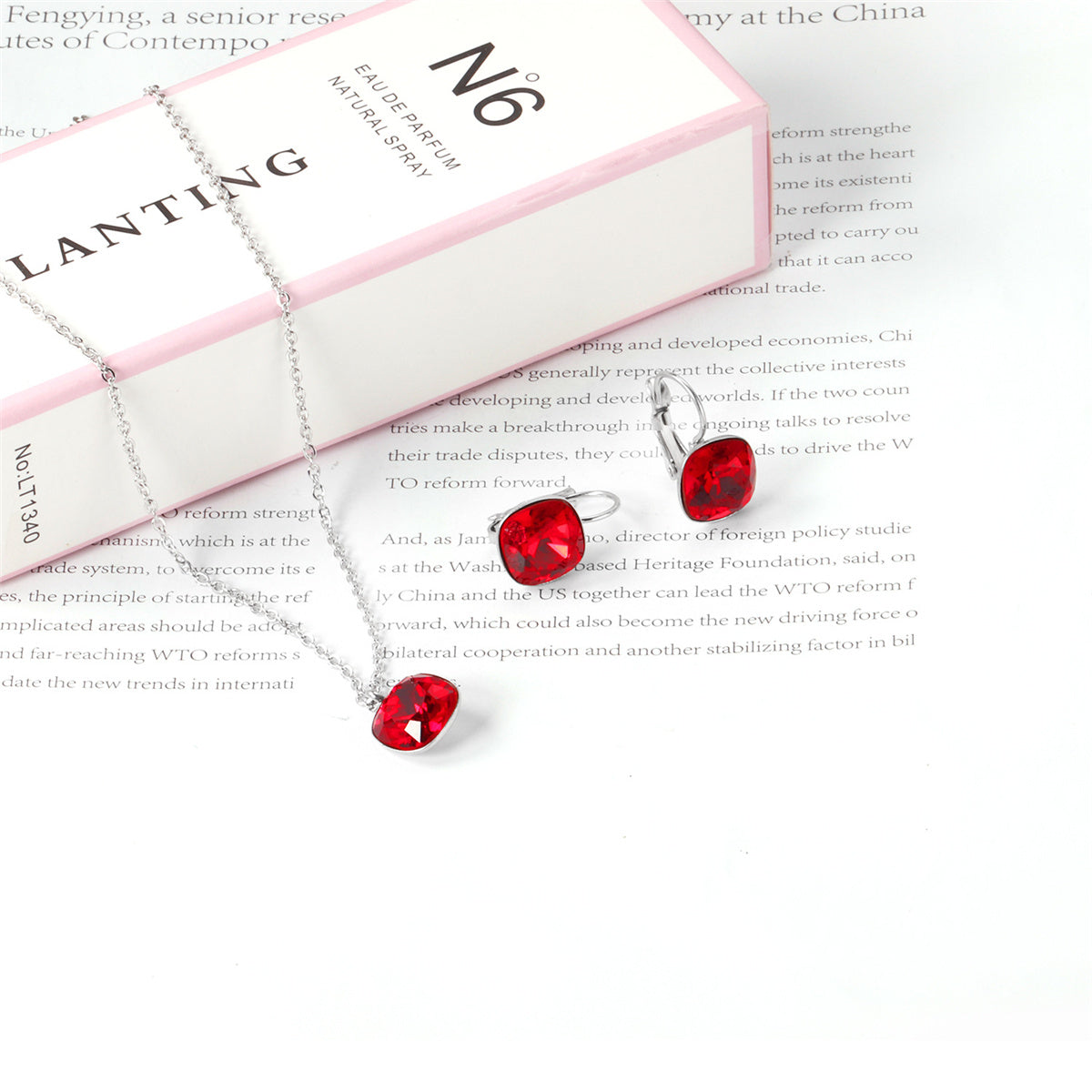 Red Crystal and Silver-Plated Square Leverback Earrings and Pendant Necklace, silver drop earrings for women, detail close-up
